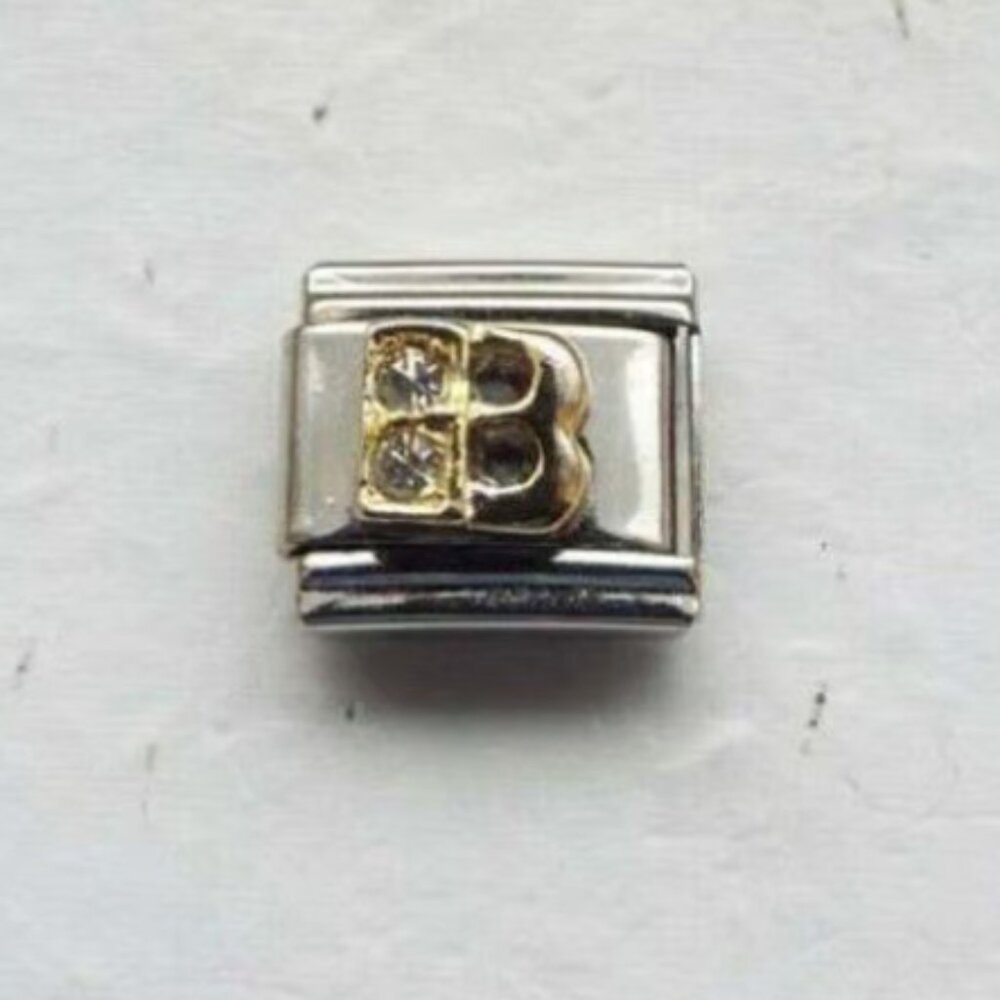Raised gold metal letter B with crystals 9mm stainless steel Italian charm link